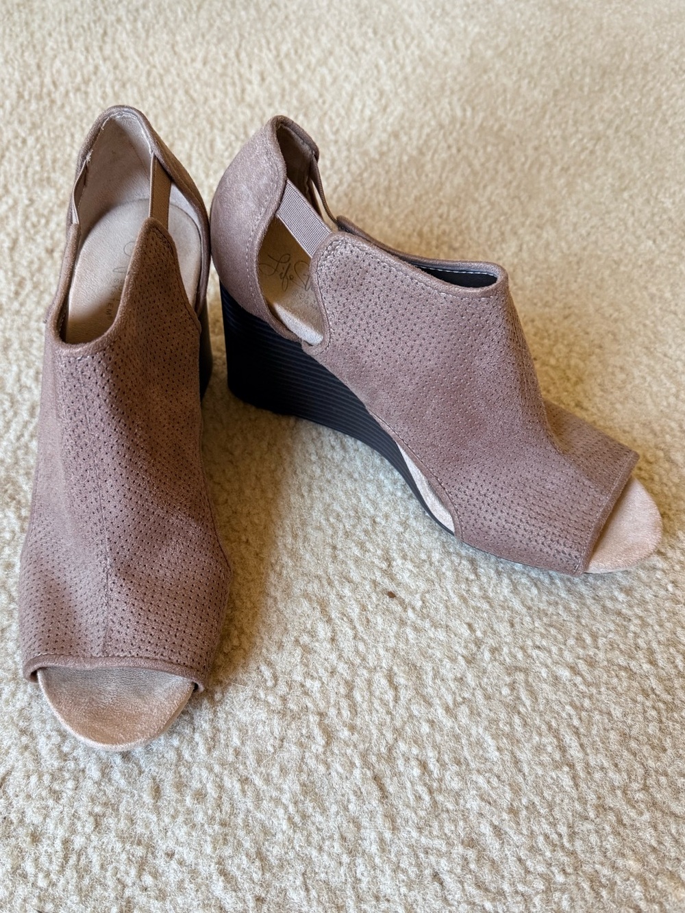 Life Stride Taupe Peep-Toe Wedge